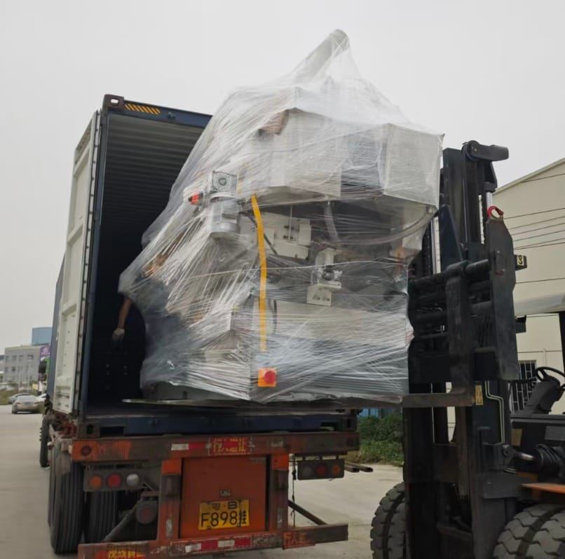 Machinery loaded into a container at the factory
